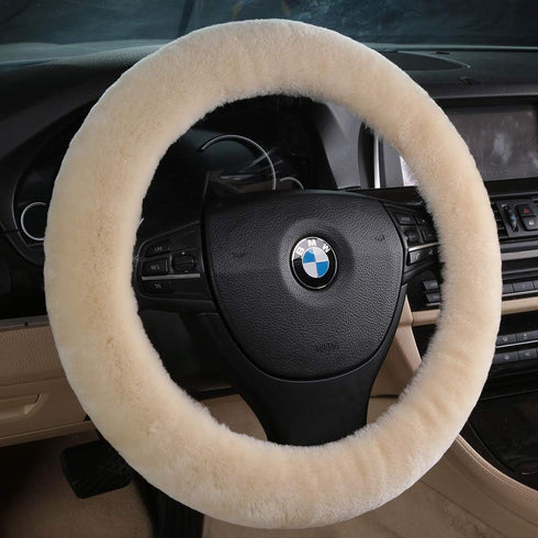 Soft Fluffy Warm Genuine Sheepskin Car Steering Wheel Cover, Fuzzy Fur Wool Protector for Winter Universal Car 14 1/2inch-15 1/2inch, Anti-Slip Co...