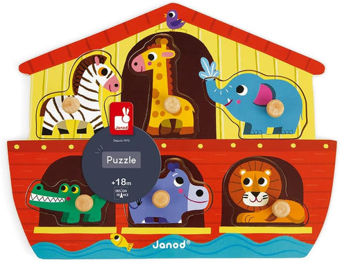 Janod 6 Piece Noah’s Ark Puzzle Themed Wooden Peg Colorful Jigsaw Puzzle - Encourages Shape Recognition, Dexterity, and Language Development - Pre...