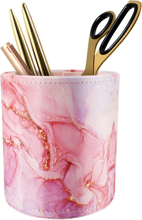 WAVEYU Pen Holder for Women Girls, Pencil Cup Pink Desk Decor, Makeup Brush Holder Large Pu Leather Multi-Functional Organizer Cup for Office, Cla...