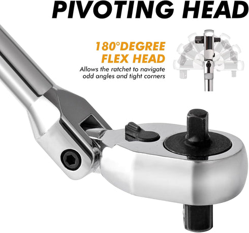 Dual 3/8 and 1/4 Drive Flex Head Ratchet, 72-Tooth 3/8 Ratchet Flex-Head Wrench with Quick-release and Reversible Switch (3/8 and 1/4 Flex-Head)...