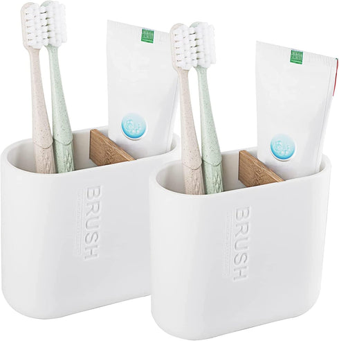Toothbrush Holders Bamboo Electric Toothbrush Holder Bathroom Storage Organizer Countertop for Toothpaste, Floss, Razor, 2 Pack White...