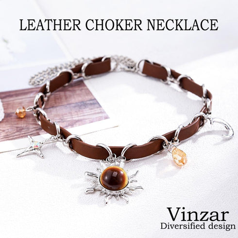 Boho Sun Pendant Necklace Brown Leather Necklace Silver Moon Star Choker Necklace Crystal Stone Collar Necklace for Women...