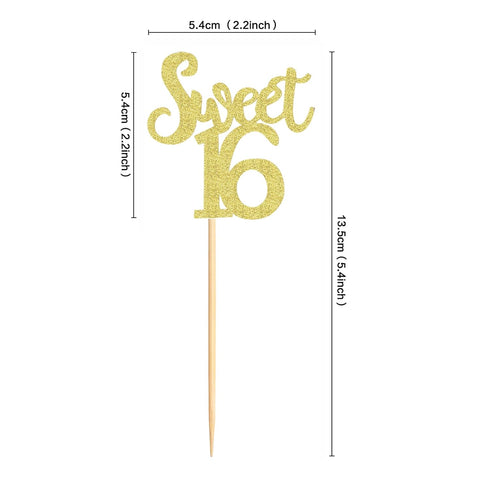 Ercadio 24 Pack Sweet 16 Cupcake Toppers Gold Glitter Age Sixteen Cupcake Picks Anniversary 16th Kids Birthday Party Cake Decors...