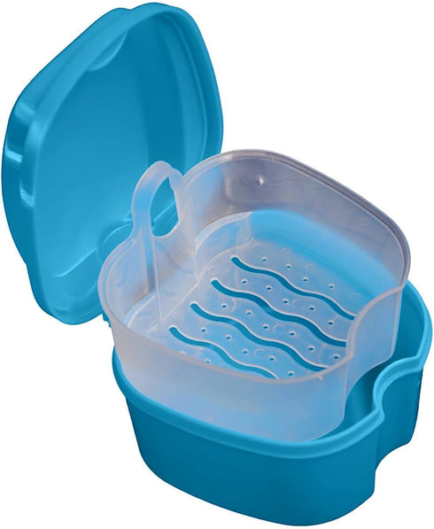 Blue Denture Case,Denture Bath Cup Case Box Holder Storage Soak Container,Denture Bath Box False Teeth Storage Box with Basket Net Container Holde...