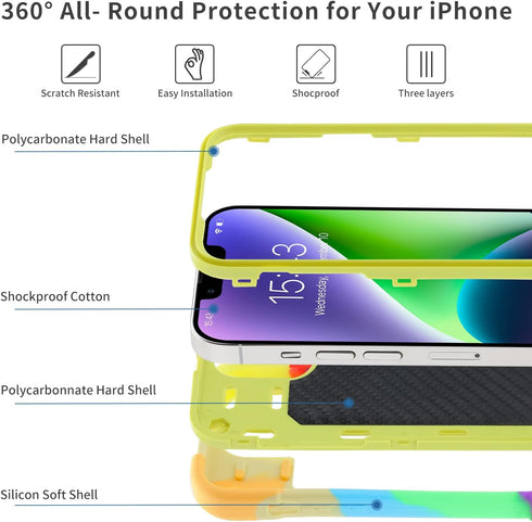 for iPhone 14 Plus Case 6.7 Inch with Ring Stand, with 2 Pack Glass Screen Protector + 1 Pack Camera Lens Protector,Heavy-Duty Shockproof Military...