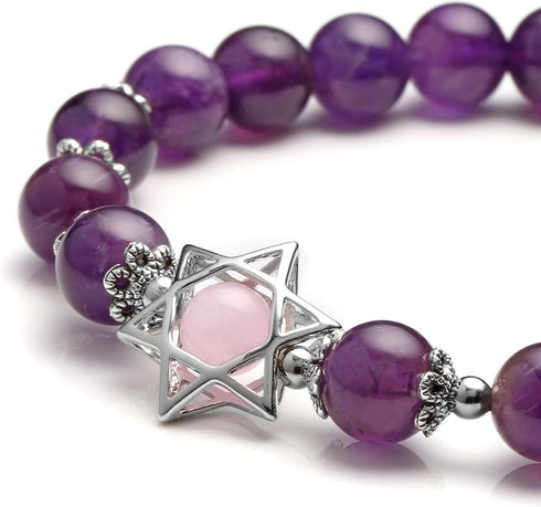 Jovivi 2pcs Natural Semi Precious Gemstone Amethyst Rose Quartz Crystal Bracelets Set Handmade Healing Stone Beads Beaded Stretch Bracelet for Wom...