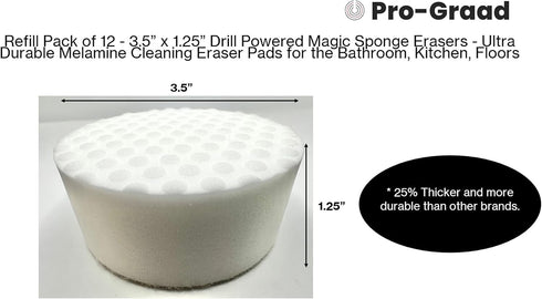 Refill Pack of 12 Drill Powered 3.5” Magic Sponge Erasers | Compatible with RotoEraser | 25% Thicker Ultra Durable Melamine Cleaning Eraser Pads f...
