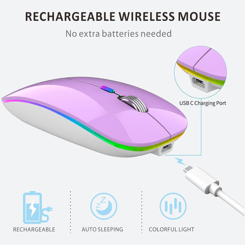 Uiosmuph LED Wireless Mouse, G12 Slim Rechargeable Wireless Silent Mouse, 2.4G Portable Optical Computer Mice with USB Receiver and Type C Adapter...