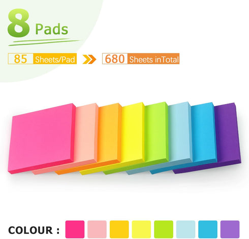 Sticky Notes 3x3 inch Bright Colors Self-Stick Pads 8 Pads/Pack 85 Sheets/Pad Total 680 Sheets...