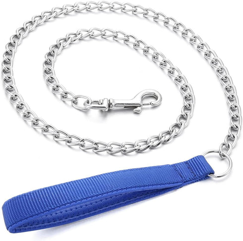 Metal Dog Leash Chew Proof Dog Chain Leash 4ft, 8ft Heavy Duty Sturdy Pet Dog Leash with Red Padded Handle for Large Medium Dogs (4'/3.0mm, Blue H...