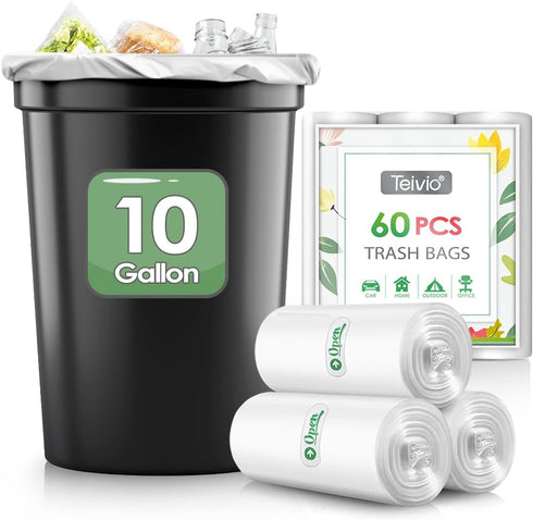 10 Gallon 60 Counts Strong Trash Bags Garbage Bags by Teivio, Bathroom Trash Can Bin Liners, Plastic Bags for home office kitchen, Clear...