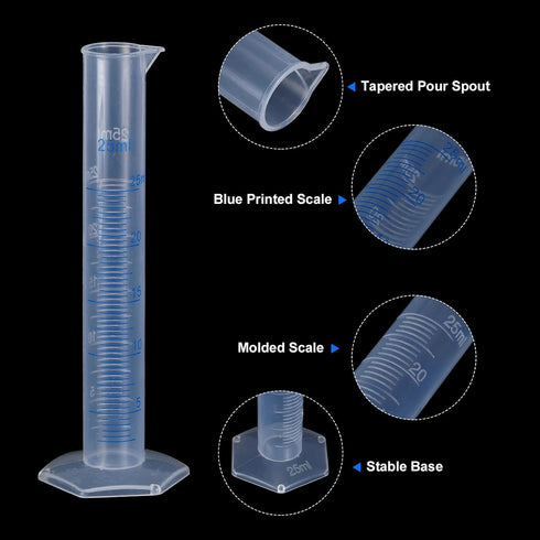 uxcell Plastic Graduated Cylinder, 25ml Measuring Cylinder, Test Tube Beakers, 2-Sided Metric Marking, Clear Hex Base for Lab Home 10Pcs...