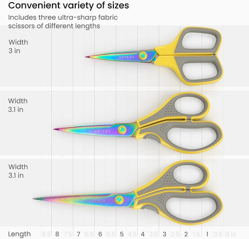 ARTEZA Fabric Scissors, 7, 8.25 and 9 Inches, Set of 3, Titanium-Coated Stainless Steel Craft Scissors with Micro Tips...
