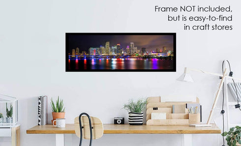 Miami Skyline UNFRAMED Photo Poster Print NIGHT Color Downtown City 11.75 inches x 36 inches Archival Photographic Panorama Picture Standard Size...