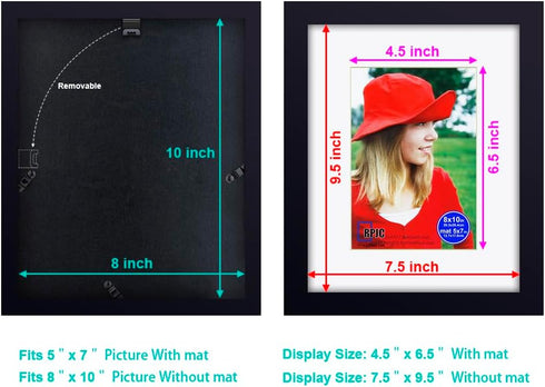 RPJC 8x10 inch Picture Frames Made of Solid Wood and High Definition Glass Display Pictures 5x7 with Mat or 8x10 Without Mat for Wall Mounting Pho...