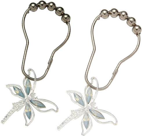 Crystal Dragonfly Shower Curtain Hooks - Brushed Nickel Rings with Rhinestones Dragonfly Pendant,Rust Proof Silver Metal Curtain Hangers (Silver)...