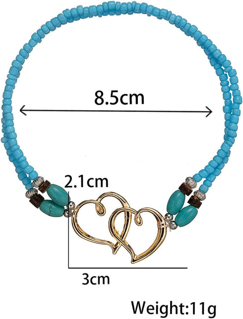 Heart Ankle Bracelet for Women Double Layered Elastic Beaded Anklet Seed Bead Turquoise Stretch Ankle Bracelet Double Hollowed Heart Anklet Boho S...