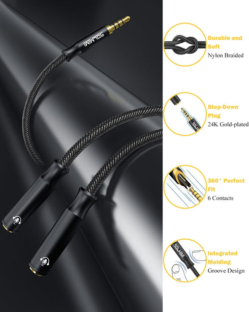 Audio Splitter 3.5mm (2 Pack),Headphone Splitter 3.5mm for 2 Headphones,4 Pole Trrs Braided 3.5 Mm Splitter One Male Two Female for Headset Pc Sma...