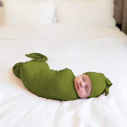 Large Jersey Knitted Swaddle Blanket for Baby, Soft Stretchy Receiving Blanket for Newborns with Hat, Large 47 x 47 inches (Olive) BY001...