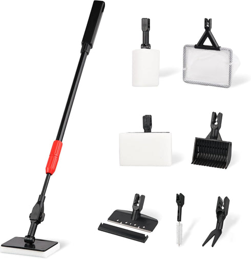 Aquarium Cleaning Tools 7 in 1 - Fish Tank Cleaning Kit with Algae Scraper, Scrubber Pad, Adjustable Telescopic Long Handle, Fish Net, Gravel Rake...