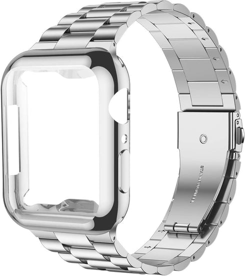 iiteeology Compatible with Apple Watch Band 45mm Series 9 8 7, Upgraded Stainless Steel Band with iWatch Screen Protector Case for Men Women Silve...
