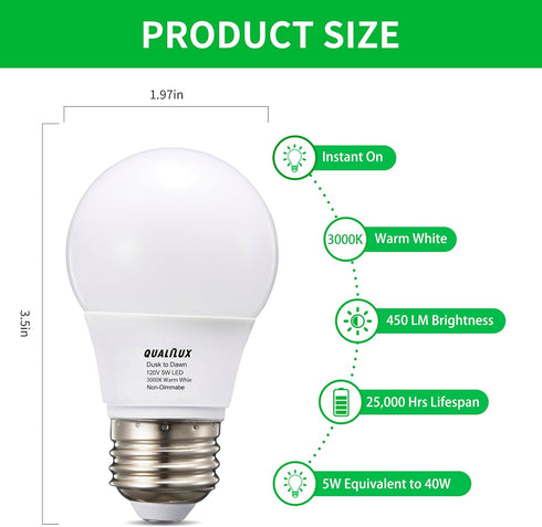 A15 Small Dusk to Dawn Light Bulbs Outdoor, 40W Equivalent, Warm White 3000K, Replacement LED Bulb for String Lights, Porch, Patio, Garden, Auto O...