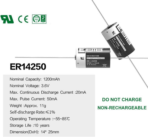 EEMB 4Pack ER14250 1/2AA 3.6V Lithium Battery with AX Solder Tabs Li-SOCL? Non-Rechargeable Battery XL-050F SB-AA02 LS14250 TL-5902 TL-2150 for Sl...