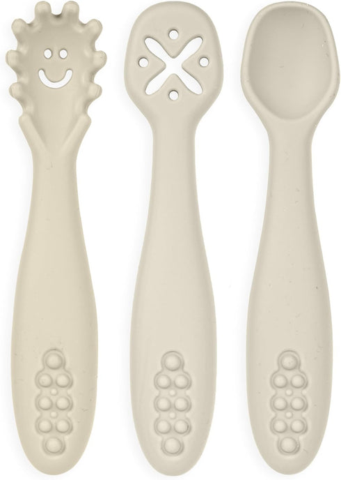 Silicone Toddler Fork and Spoon Utensils, Baby Led Weaning (BLW) Eating Essentials, Kids Self Feeding Set (Cream), CTL5038-17...