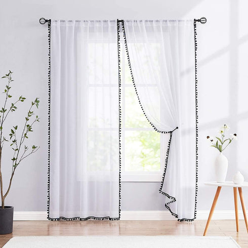 Treatmentex White Sheer Curtains Black Pompoms 63" inches Long Window Draperies for Boy's Room Bed Canopy 2 Panels Rod Pocket...