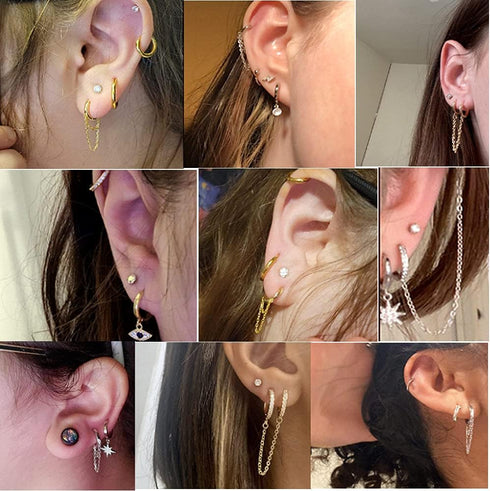 IRONBOX 12Pairs 14K Gold Plated Huggie Hoop Studs Earrings Set for Women Small Dainty Minimalist Chain Earrings Cartilage CZ Ball Earrings Sets fo...