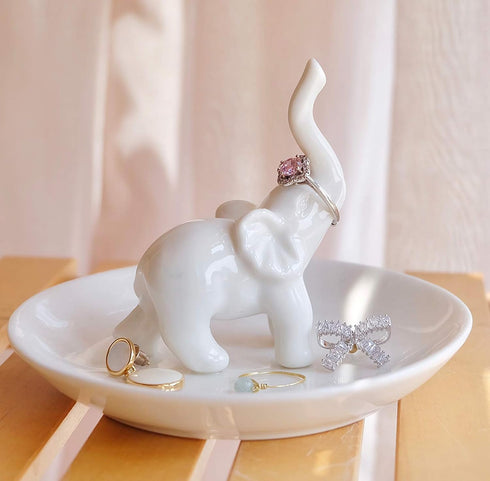 PUDDING CABIN White Elephant Ring Holder Dish Ring Tray for Jewelry | Elephant Gifts for Women Christmas, Birthday, Mother's Day...