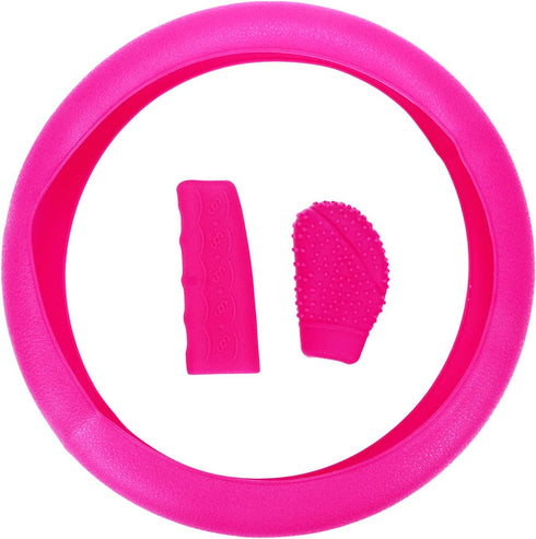 Silicone Steering Wheel Hand Brake Lever and Shift Knob Cover Kit, 3D Oval Anti-Slip Design Protective Case (Fuchsia)...