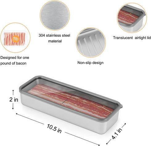 Bacon Container for Refrigerator, Bacon holder for refrigerator,Bacon Storage Container 304 Stainless Steel Sealed Food Storage Container with Cle...