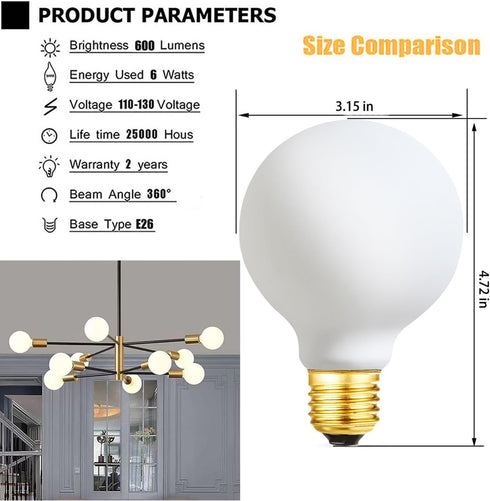 LVYE G25 LED Light Bulb E26 Base Matt Opal Porcelain Daylight 4000K Dimmable Edison 6W Led Globe Bulb,600LM,60 Watt Equivalent,Outside Frosted Gla...