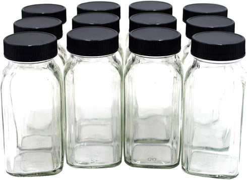 12 pieces of French Square Glass Spice Bottles 6 oz Spice Jars with Black Plastic Lids, Shaker Tops, and Labels by U-Pack...