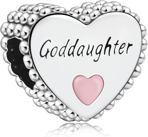 Goddaughter Heart Charms 925 Sterling Silver Bead with Pink Enamel for Bracelets...