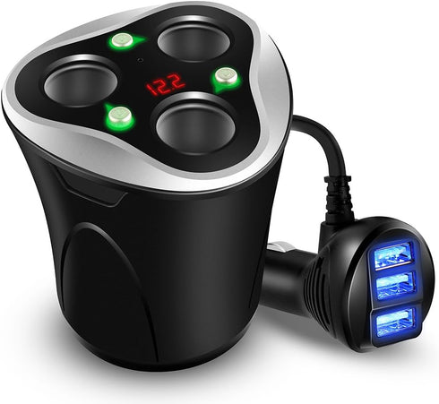3 Socket Cigarette Lighter Splitter Power Adapter + 3 USB Car Charger 120W 12V/24V DC Outlet with Volt Meter, On/Off Switch for Cell Phone GPS Das...