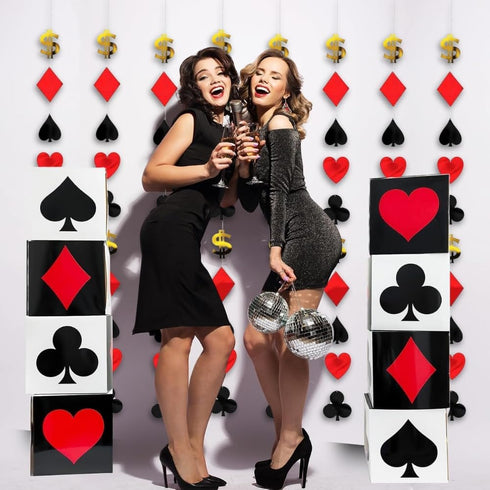 Casino Foil String Decorations - 7' (Pack of 6) - Red, Black, & Gold Casino Party Icons - Perfect for Game Night, Vegas-Themed Events, and More...