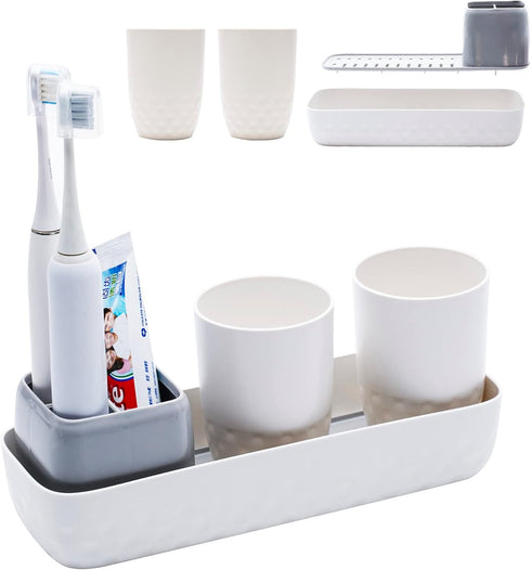 Toothbrush Holders for Bathrooms,Kids Electric Toothbrush Holder with 2 Cups Set,White Tooth Brush Toothpaste Caddy Storage,Small Bathroom Counter...