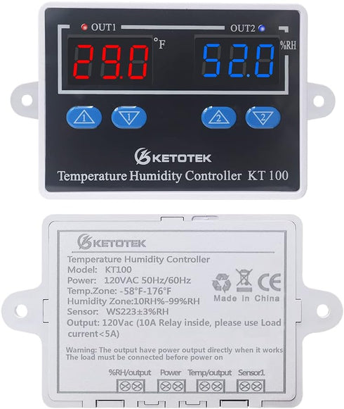 KETOTEK Temperature Humidity Controller Digital Thermostat Module 120V, Heating Cooling Humidification and dehumidification Control 110V 10A, Fahrenheit Display