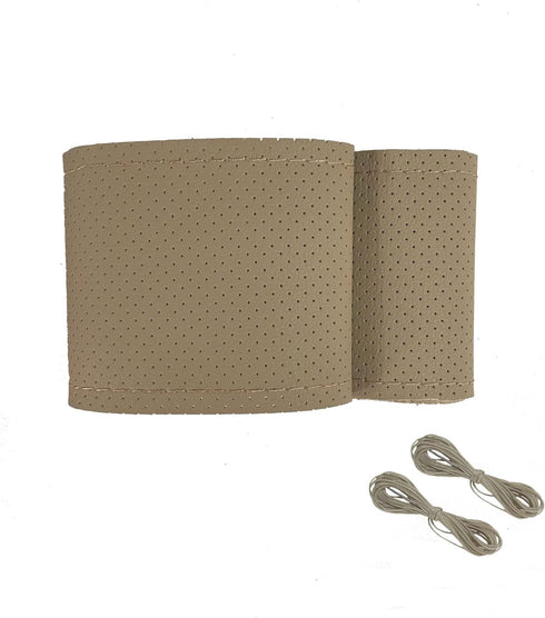 Universal Leather Car Steering Wheel Stitch On Wrap Cover DIY Sewing Breathable and Anti Slip, 15-Inch (Beige)...