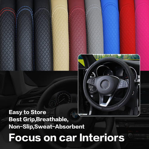 Leather Car Steering Wheel Cover, Classical Leather Automotive Steering Wheel Covers,Breathable, Non-Slip,Elastic, Universal 15 inch Steering Whee...