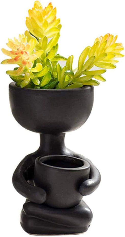 3.94” Creative Cute Imitation Humanoid Ceramic Flower Pot Succulent Planter Crafts Vase Home Decoration Personalized Gift (Black A)...