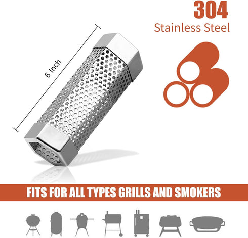 Smoke Tube for Pellet Smoker-SROKIO 6 Inch Smoke Tube BBQ Stainless Steel for Pellet Smoker Hot or Cold Smoker Accessories, with Brush...