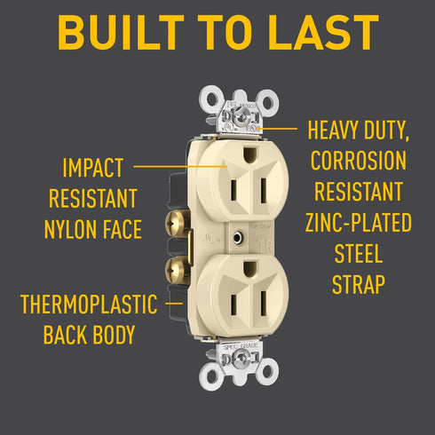 Legrand Pass & Seymour TR5262ICC12 15 Amp Tamper Resistant Construction Specification Grade Duplex Receptacle Outlet, Back and Side Wire, Ivory (1...