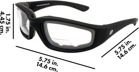 Birdz Eyewear Oriole Padded Safety Bifocal Motorcycle Glasses Black Frame Clear Lenses 1.5 Magnification Carry Bag...