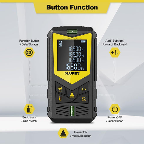 Laser Measure, OLUFEY 165ft Laser Distance Meter with 2 Bubble Levels, Black LCD Display and Pythagorean Mode, Measure Distance, Area and Volume...