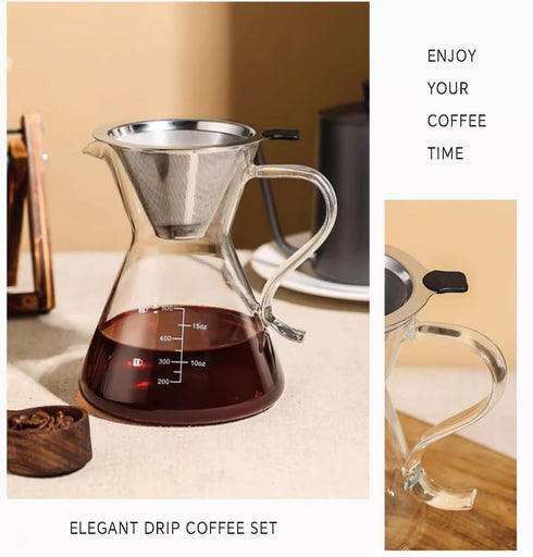 Pour Over Coffee Maker - Elegant Drip Coffee Maker with Reusable Stainless Steel Filter/Dripper, Lead-Free Borosilicate Glass Coffee Carafe for 1-...