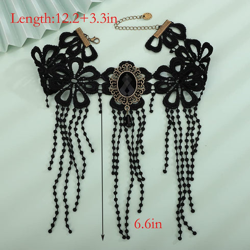 Chargances Stempunk Long Tassle Beaded Necklace Halloween Goth Black Lace Rhinestone Choker Collar Costume Party Prom Vampire Collar for Women and...