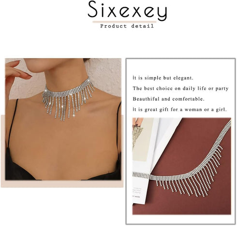 Rhinestone Choker Necklaces Silver Neck Chain Sparkly Tassel Necklace Dainty Party Prom Necklace Jewelry for Women...